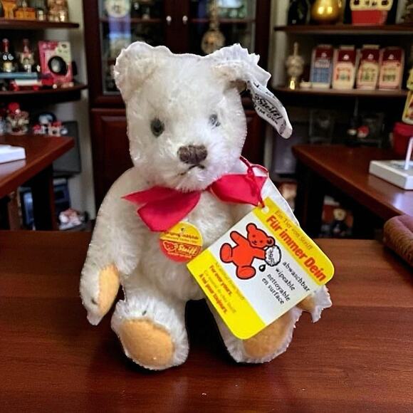 1982 Steiff 7” White Mohair Teddy Bear 0203/18 Red Ribbon All Original Tags - Picture 1 of 12